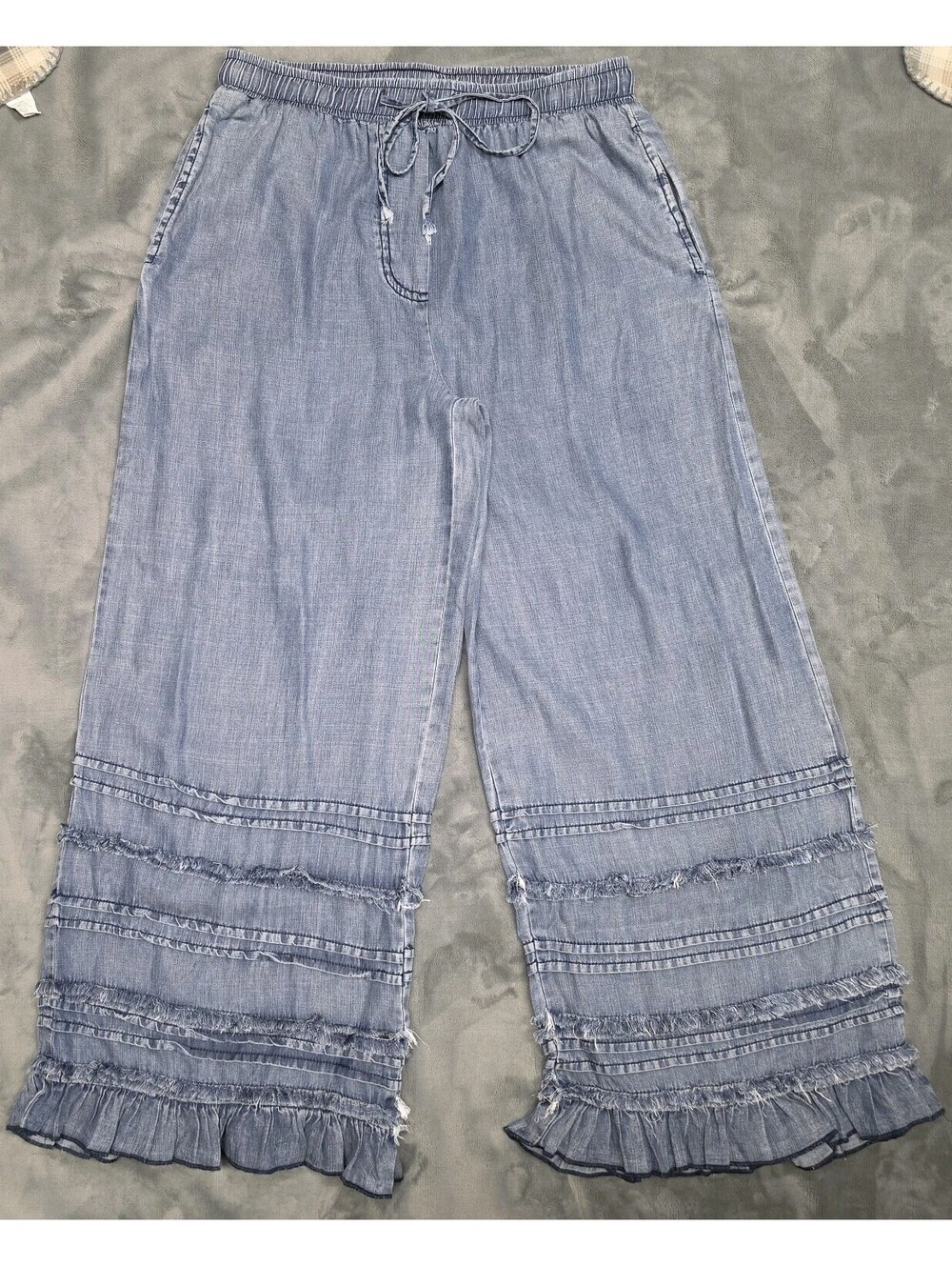 Origami by Vivien Chambray Palazzo Ruffle Pants Wide Leg Fringed XLarge NWOT